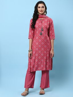 Shree - Women Muslin Pink Floral Print Kurta With Comfort Pant And Dupatta (Set Of 3)