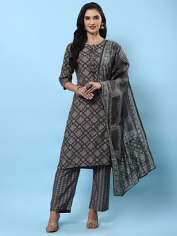 Shree - Women Muslin Grey Floral Print Kurta With Comfort Pant And Dupatta (Set Of 3)