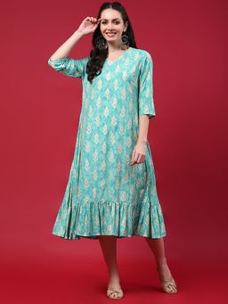 Shree - Women Muslin Blue Print Midi Dress