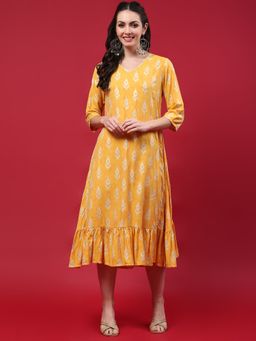 Shree - Women Muslin Yellow Print Midi Dress