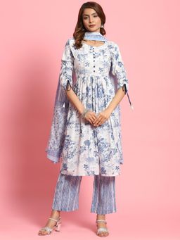 Shree - Women Cotton White Floral Print Kurta With Comfort Pant And Dupatta (Set Of 3)