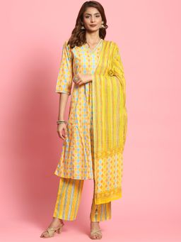 Shree - Women Cotton Yellow Geometric Print Kurta With Comfort Pant And Dupatta (Set Of 3)