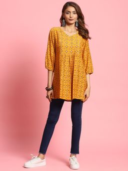 Shree - Women Muslin Mustard Geometric Print Tunic