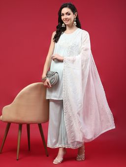 Shree - Women Silk Blue Embroidered Kurta With Comfort Pant And Dupatta (Set Of 3)