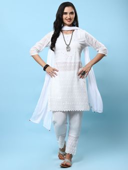 Shree - Women Cotton White Embroidered Kurta With Pant And Dupatta (Set Of 3)