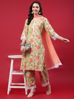 Shree - Women Rayon Green Floral Print Kurta With Comfort Pant And Dupatta (Set Of 3)