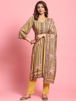 Shree - Women Rayon Mustard Stripe Print Kurta With Pant And Dupatta (Set Of 3)