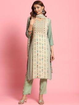 Shree - Women Rayon Green Ornamental Print Kurta With Pant And Dupatta (Set Of 3)