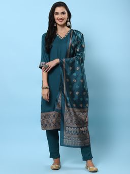 Shree - Women Rayon Teal Woven Kurta With Pant And Dupatta (Set Of 3)