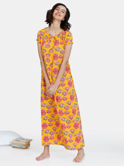 Zivame - Blotched Bloom Woven Full Length Nightdress -Solar Power