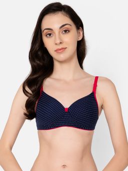 Clovia - Cotton Spandex Printed Padded Full Cup Wire Free T-shirt Bra - Dark Blue