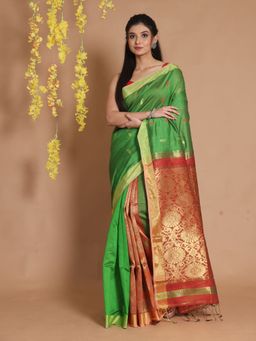 CHARUKRITI - Green Cotton Paisley Motifs & Zari Pallu Handwoven Saree with Unstitched Blouse