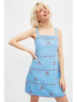 Trendyol - Womens Blue Floral Embroidered Dress