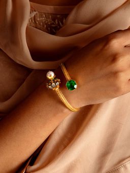 Neeta Boochra - 925 Sterling Silver 22K Gold Plated Green Onyx Gemstone Cuff with Pearl And Kundan