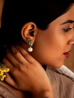 Neeta Boochra - 925 Sterling Silver 22K Gold Plated Pearl Gemstone Drop Earrings with Kundan