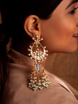 Neeta Boochra - 925 Sterling Silver 22K Gold Plated Kundan Danglers Earring with Pearl White & Green