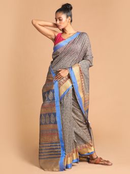 Indethnic - Blue Printed Cotton Blend Saree with Unstitched Blouse