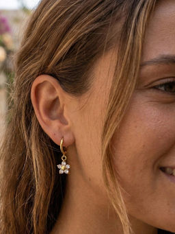 Yellow Chimes - Gold Plated Floral Cz Studded Drop Hoop Earrings Flower Drop Earrings