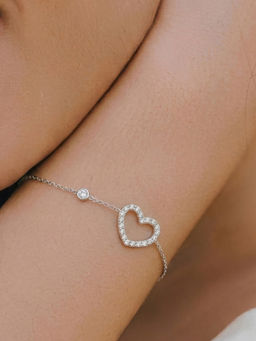 Yellow Chimes - Silver Plated Heart Shape Cz Studded Chain Bracelet (7inch)