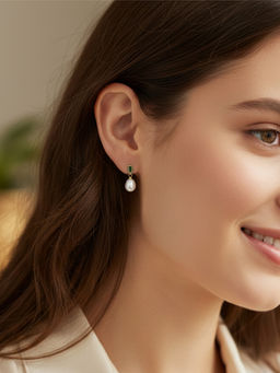 Yellow Chimes - Gold Plated Emerald Green Cz White Pearl Drop Earrings