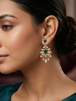 Yellow Chimes - Gold Plated Emerald Green And White Kundan Floral Dangler Earrings