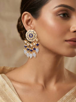 Yellow Chimes - Gold Plated Blue Enamelled Handcrafted Beaded Statement Dangler Earrings