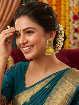 Yellow Chimes - Handcrafted Ruby Red Crystal Studded Ghunghroo Kashmeri Jhumka Earrings