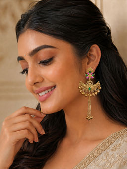 Yellow Chimes - Gold Plated Handcrafted Chandbali Kashmeri Ghunghroo Dangler Long Earrings