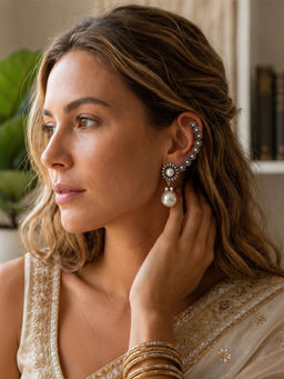 Yellow Chimes - Silver Oxidised Crystal Studded Pearl Drop Hanging Earrcuff