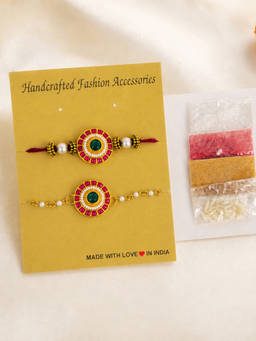 Yellow Chimes - Green And Red Crystal Studded Premium Rakhi With Roli Chawal Chandan (Pack of 2)