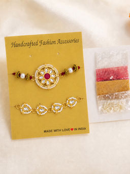 Yellow Chimes - Kundan Beaded Rakhi With Roli Chawal Chandan Handcrafted (Pack of 2)