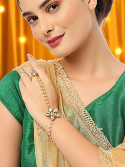OOMPH - Gold Kundan And Pearls Haathphool Bracelet With Ring (Pack of 2)