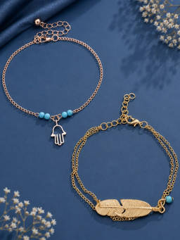 OOMPH - Gold Boho Chic Good Luck Hand And Leaf Shape Fashion Anklets (Pack of 2)