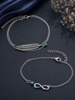 OOMPH - Silver Boho Chic Leaf And Infinity Shape Fashion Anklets (Pack of 2)