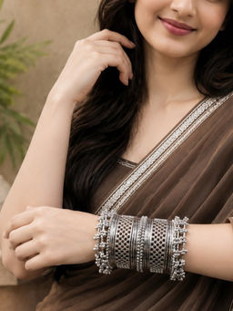 OOMPH - Oxidised Silver Ghungroo Kashmiri Bangle (Pack of 22) (2.6)