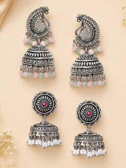 OOMPH - Oxidised Silver Jhumka Earrings (Pack of 2)