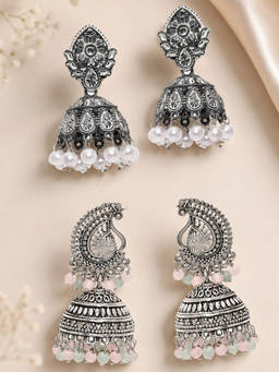 OOMPH - Oxidised Silver Peacock And Floral Design Jhumka Earrings (Pack of 2)