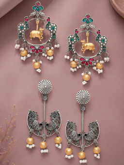 OOMPH - Oxidised Silver And Gold Cow And Peacock Design Ghungroo Drop Earrings