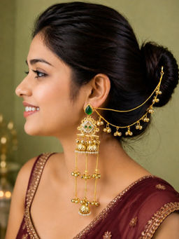 OOMPH - Long Kashmiri Jhumka Earrings With Hair Kaan Chain With Ghungroo