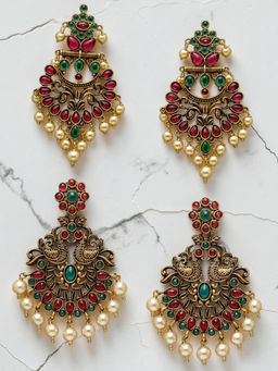 OOMPH - Red And Green Kempu Stones In Peacock Design Drop Earrings