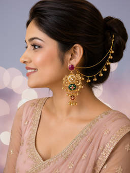 OOMPH - Gold Heritage Ghungroo Kashmiri Drop Earrings With Hair Kaan Chain