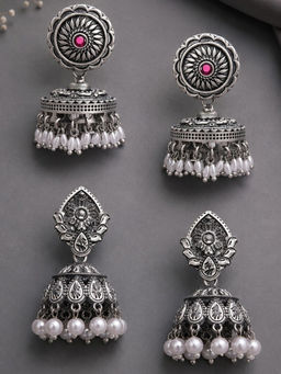 OOMPH - Oxidised Silver Floral Design Jhumka Earrings (Pack of 2)