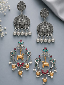 OOMPH - Oxidised Silver And Gold Cow And Peacock Design Ghungroo Drop Earrings