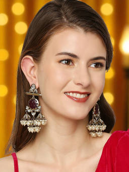 OOMPH - Gold Tone Maroon Engraved Jaipur Stones And Kundan Jhumka Earrings Red