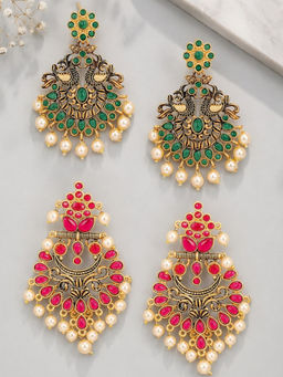 OOMPH - Red And Green Kempu Stones In Peacock Design Drop Earrings