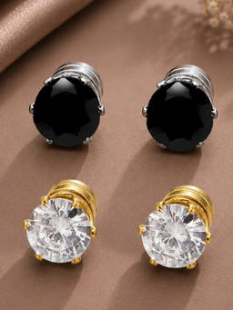 OOMPH - Black And Gold Cubic Zirconic Magnetic Non-Piercing Stud Earrings (Pack of 2)