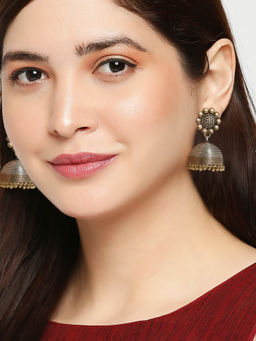 OOMPH - German Oxidised Silver Dual Tone Jhumka Earrings Multi-Color