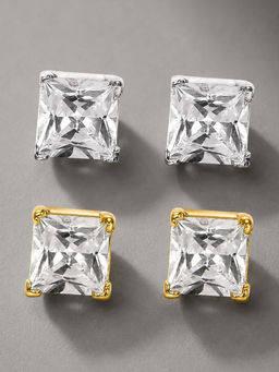 OOMPH - Solitaire Cubic Zirconia Silver And Gold Stud Earrings For Men (Pack of 2)