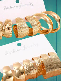 OOMPH - Gold Chunky Retro Textured Party-Wear Hoop Earrings (Pack of 6)