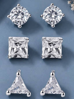 OOMPH - Solitaire Cubic Zirconia Silver Stud Earrings For Men (Pack of 3)